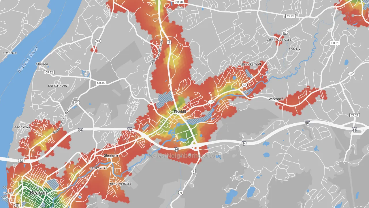Walk Grade map of 12524, NY, walkable areas in green and car-dependent areas in red