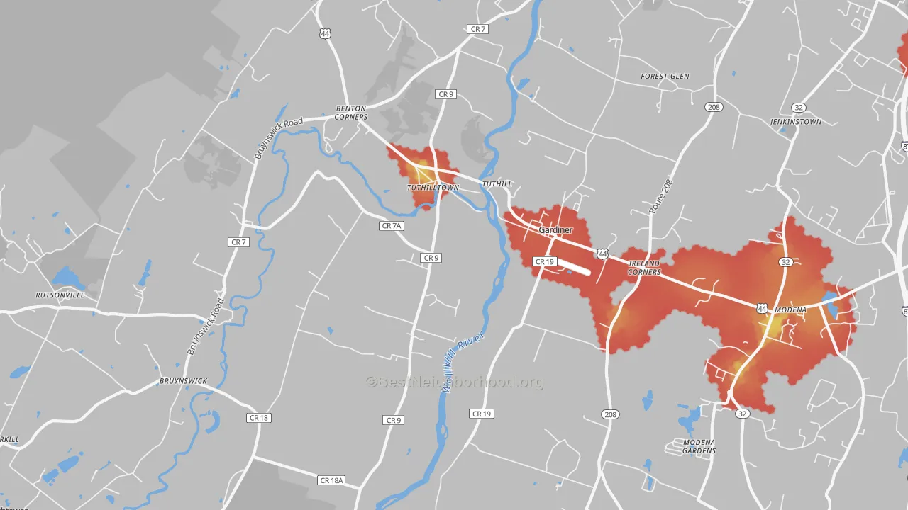 Walk Grade map of 12525, NY, walkable areas in green and car-dependent areas in red