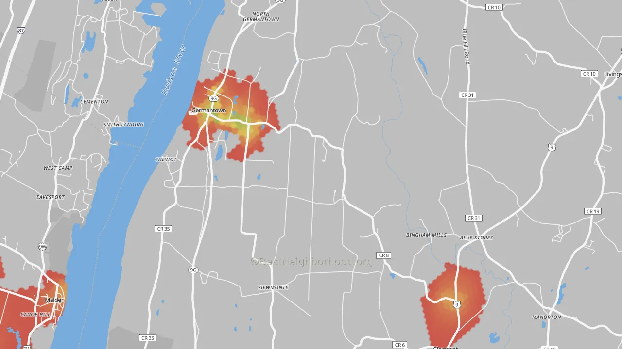 Walk Grade map of 12526, NY, walkable areas in green and car-dependent areas in red