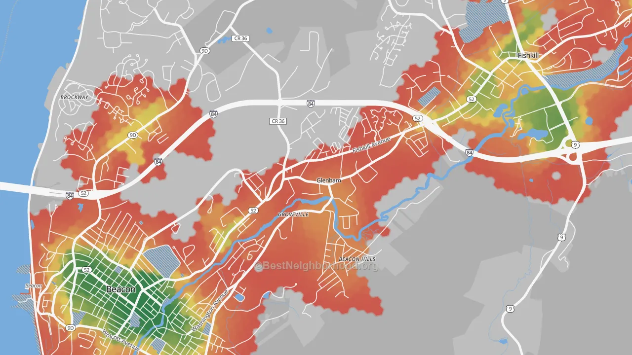 Walk Grade map of 12527, NY, walkable areas in green and car-dependent areas in red