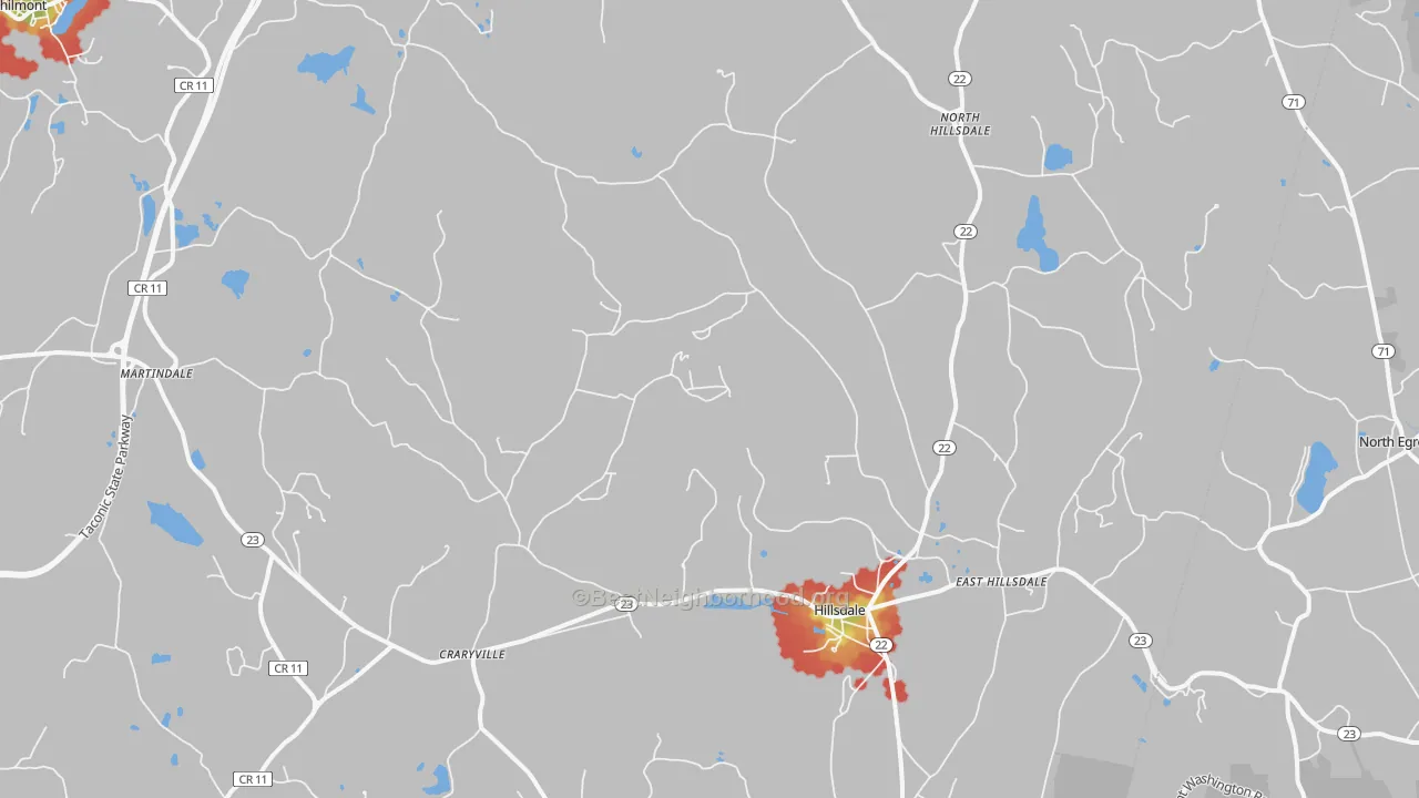 Walk Grade map of 12529, NY, walkable areas in green and car-dependent areas in red