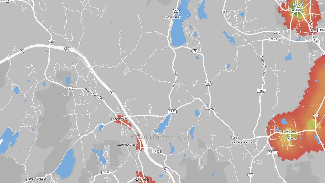 Walk Grade map of 12531, NY, walkable areas in green and car-dependent areas in red