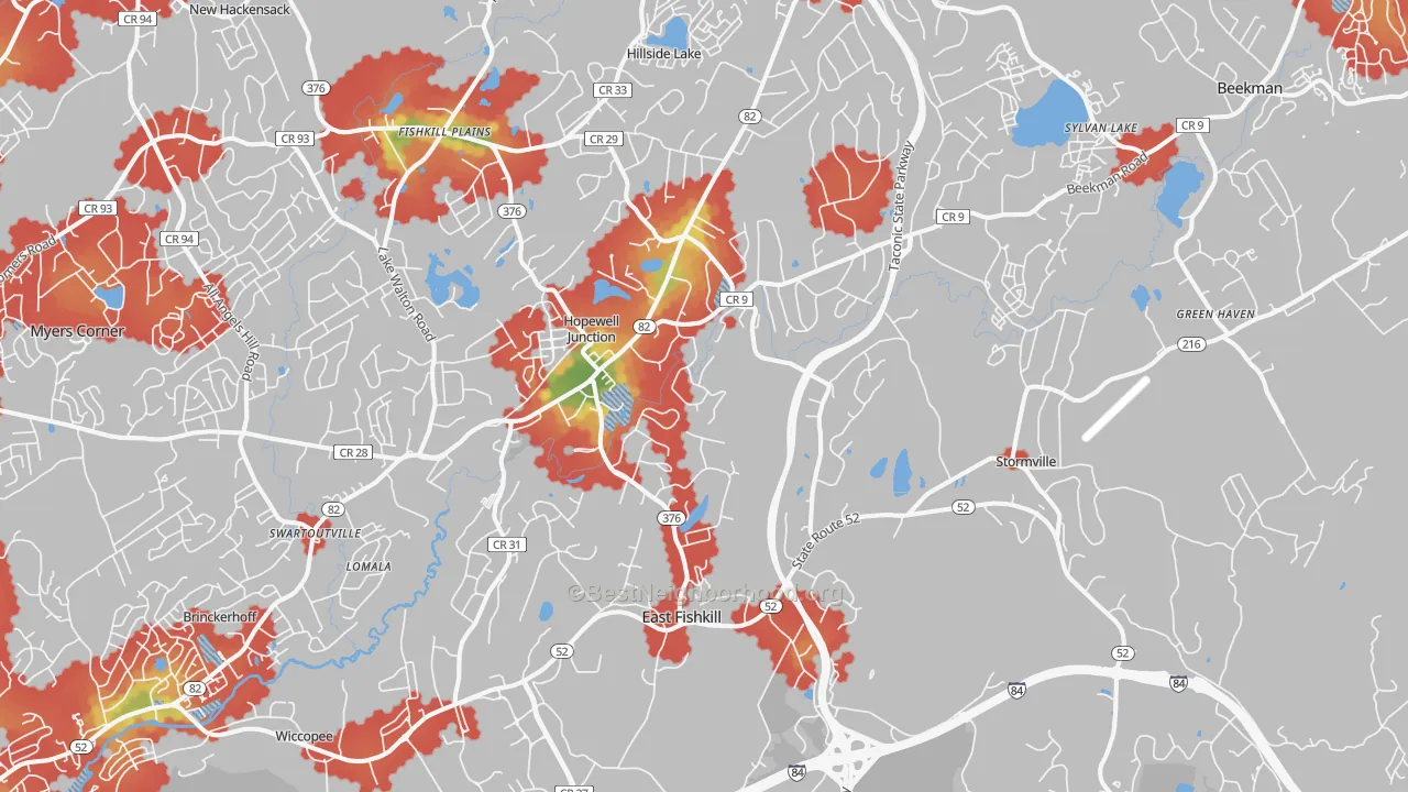 Walk Grade map of 12533, NY, walkable areas in green and car-dependent areas in red
