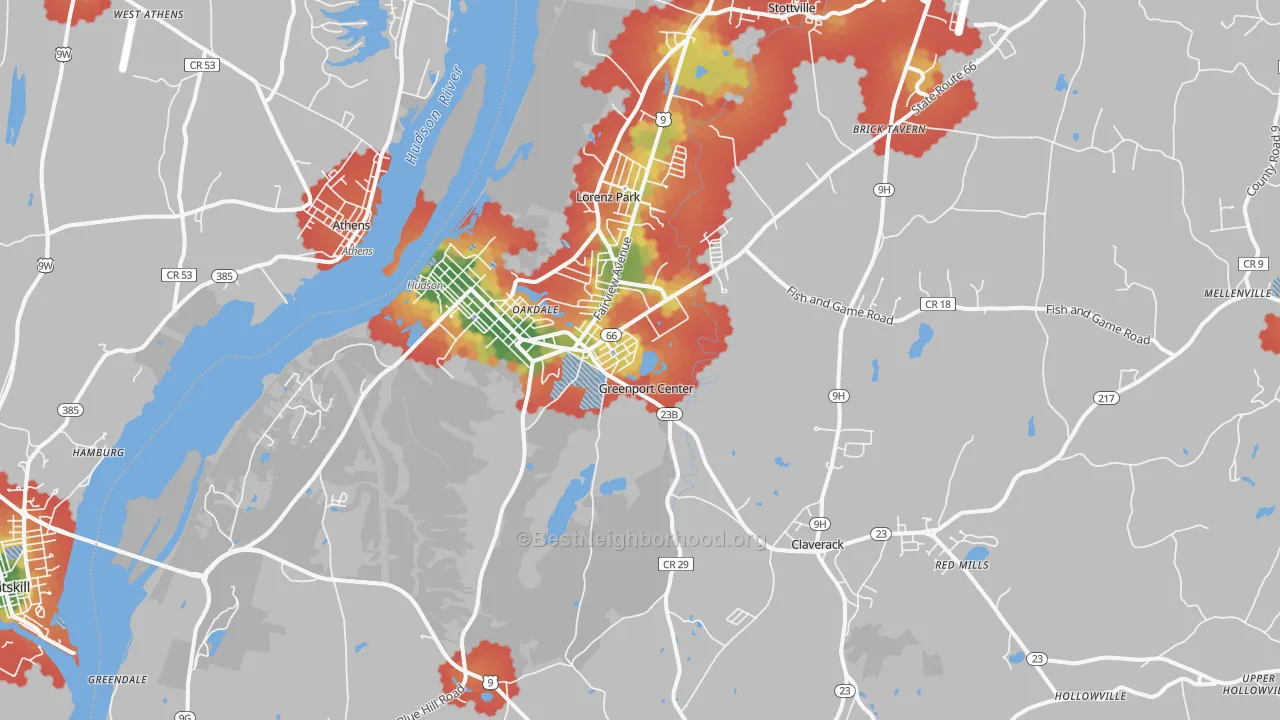 Walk Grade map of 12534, NY, walkable areas in green and car-dependent areas in red