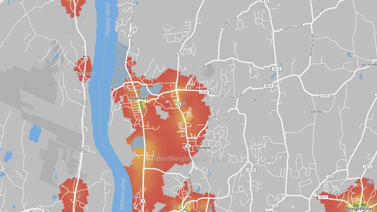Walk Grade map of 12538, NY, walkable areas in green and car-dependent areas in red