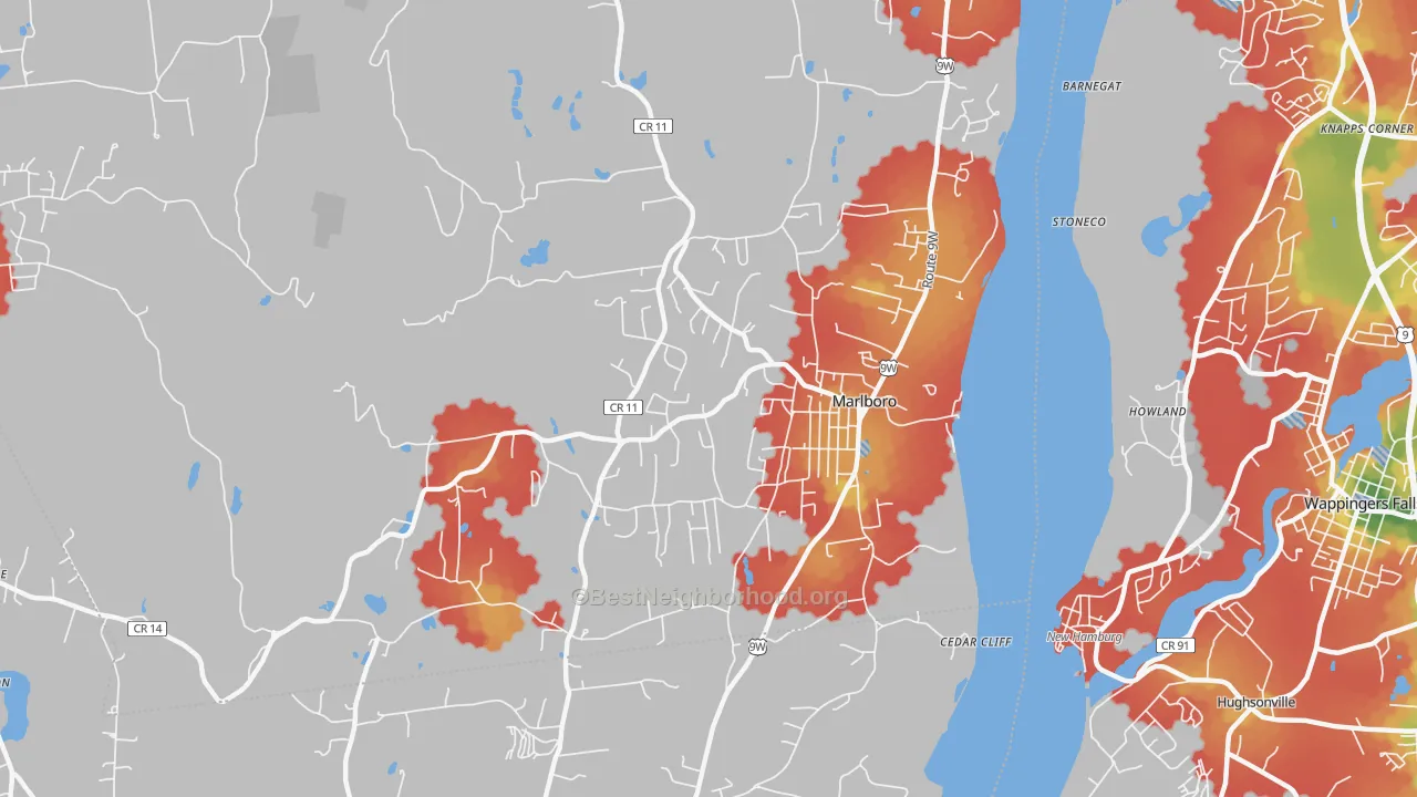 Walk Grade map of 12542, NY, walkable areas in green and car-dependent areas in red