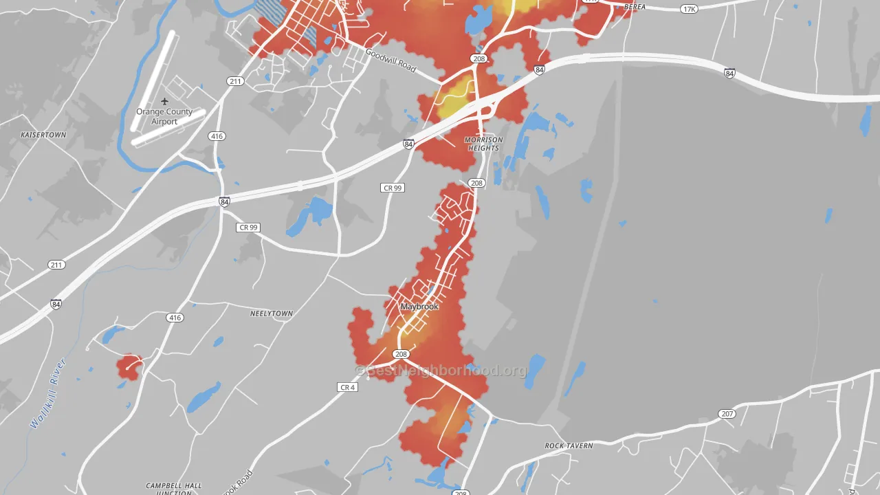 Walk Grade map of 12543, NY, walkable areas in green and car-dependent areas in red