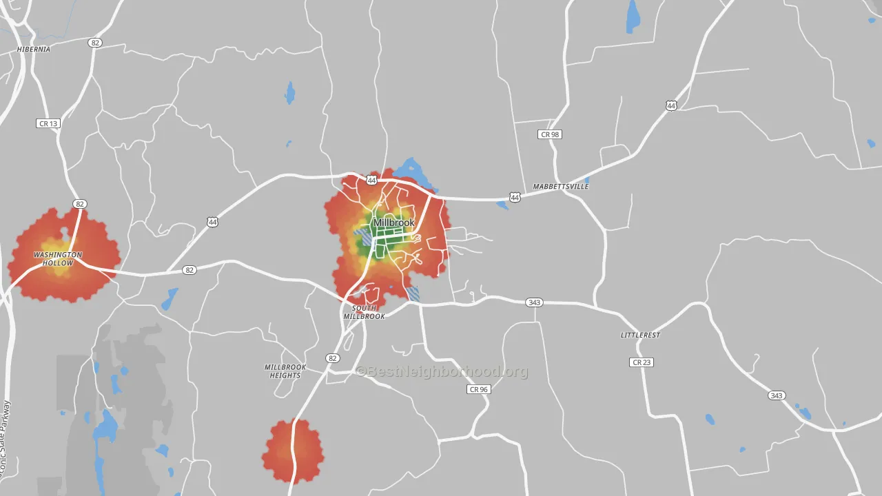Walk Grade map of 12545, NY, walkable areas in green and car-dependent areas in red
