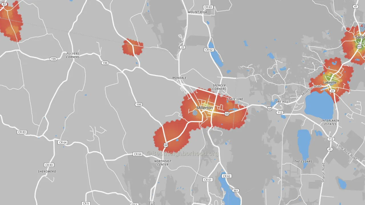 Walk Grade map of 12546, NY, walkable areas in green and car-dependent areas in red