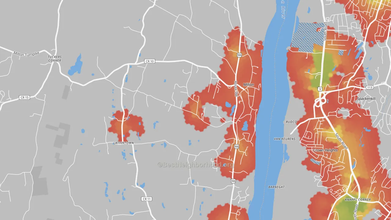 Walk Grade map of 12547, NY, walkable areas in green and car-dependent areas in red