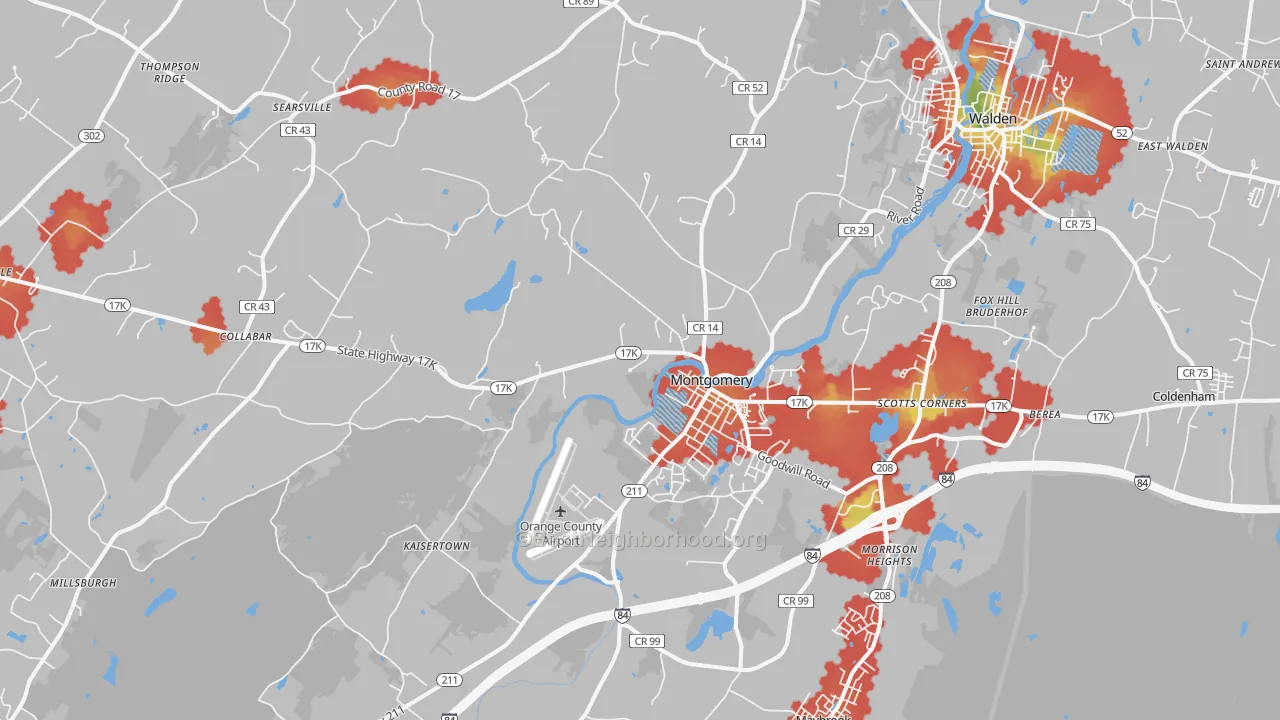 Walk Grade map of 12549, NY, walkable areas in green and car-dependent areas in red
