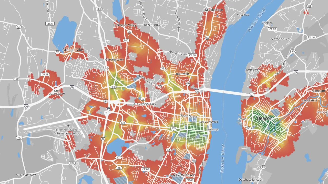 Walk Grade map of 12550, NY, walkable areas in green and car-dependent areas in red