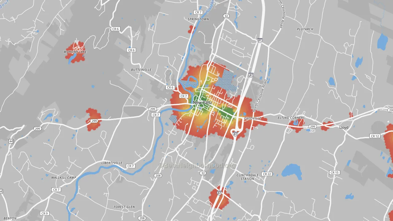 Walk Grade map of 12561, NY, walkable areas in green and car-dependent areas in red