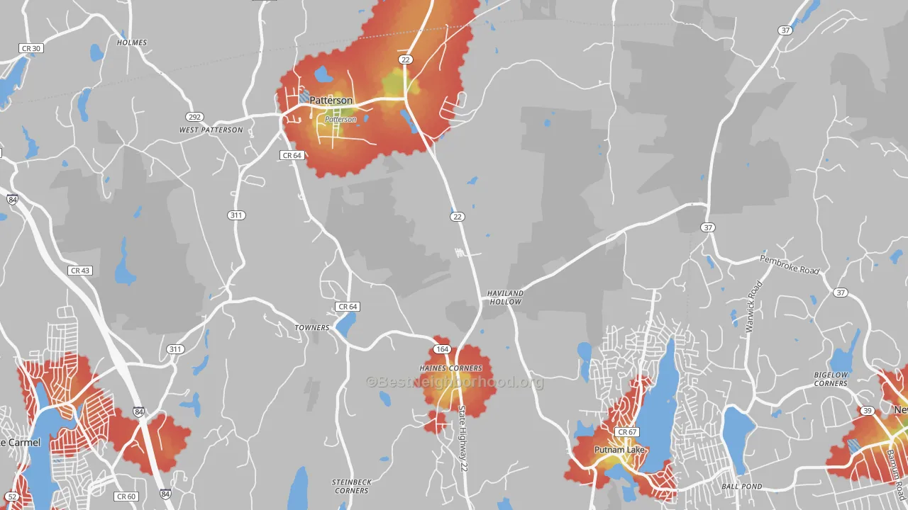 Walk Grade map of 12563, NY, walkable areas in green and car-dependent areas in red
