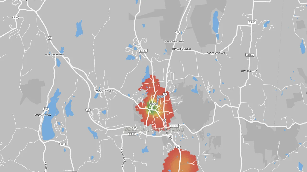 Walk Grade map of 12564, NY, walkable areas in green and car-dependent areas in red