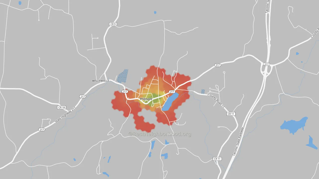 Walk Grade map of 12565, NY, walkable areas in green and car-dependent areas in red