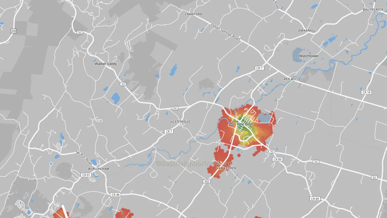 Walk Grade map of 12566, NY, walkable areas in green and car-dependent areas in red