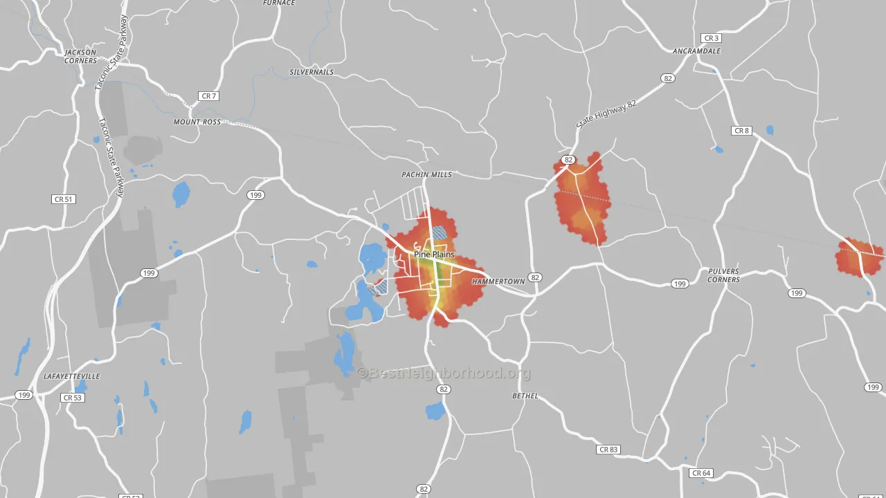 Walk Grade map of 12567, NY, walkable areas in green and car-dependent areas in red