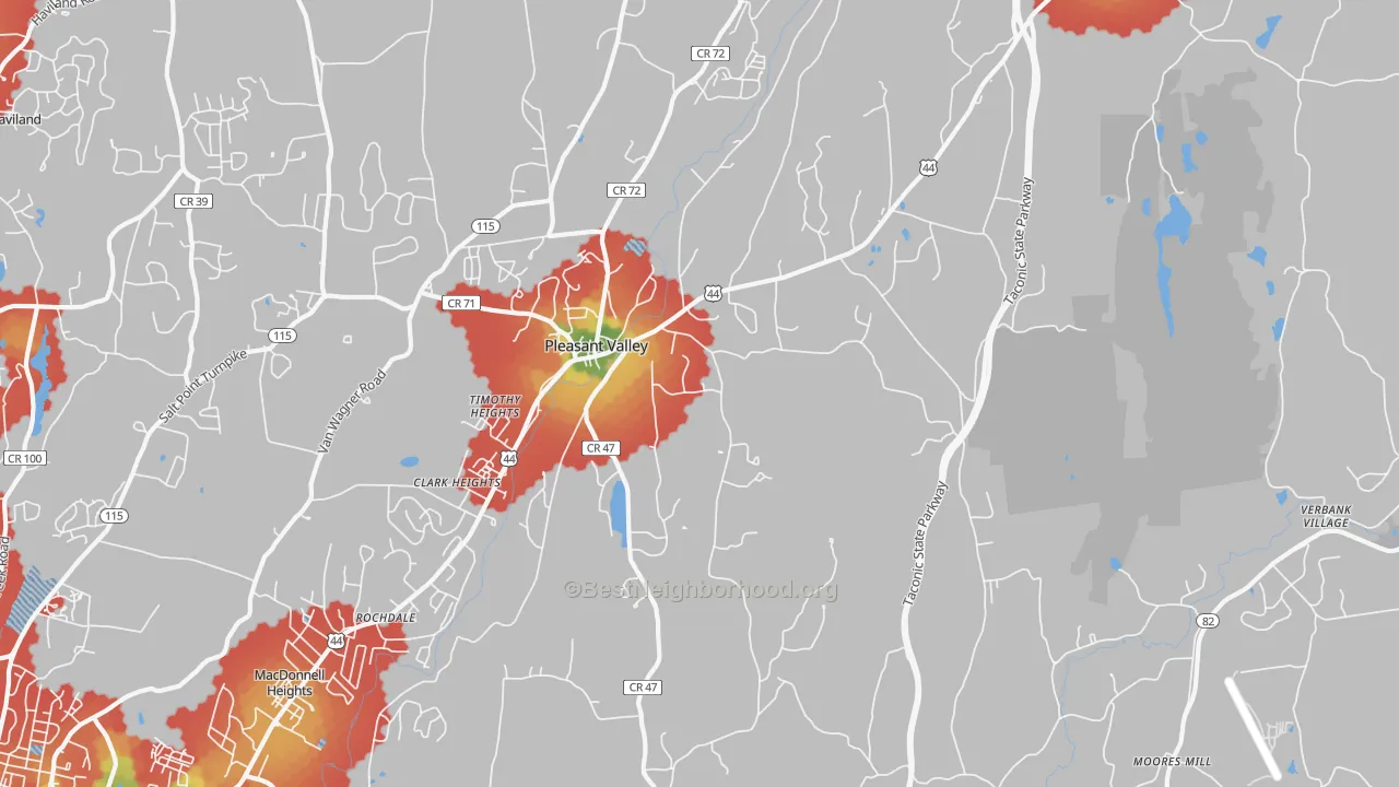 Walk Grade map of 12569, NY, walkable areas in green and car-dependent areas in red