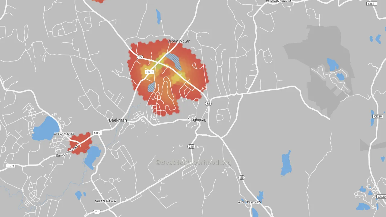 Walk Grade map of 12570, NY, walkable areas in green and car-dependent areas in red