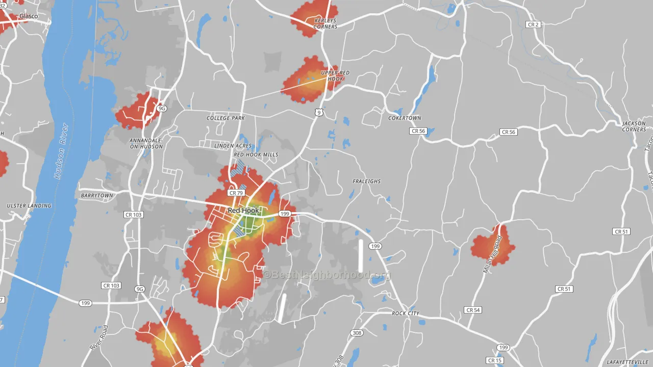 Walk Grade map of 12571, NY, walkable areas in green and car-dependent areas in red