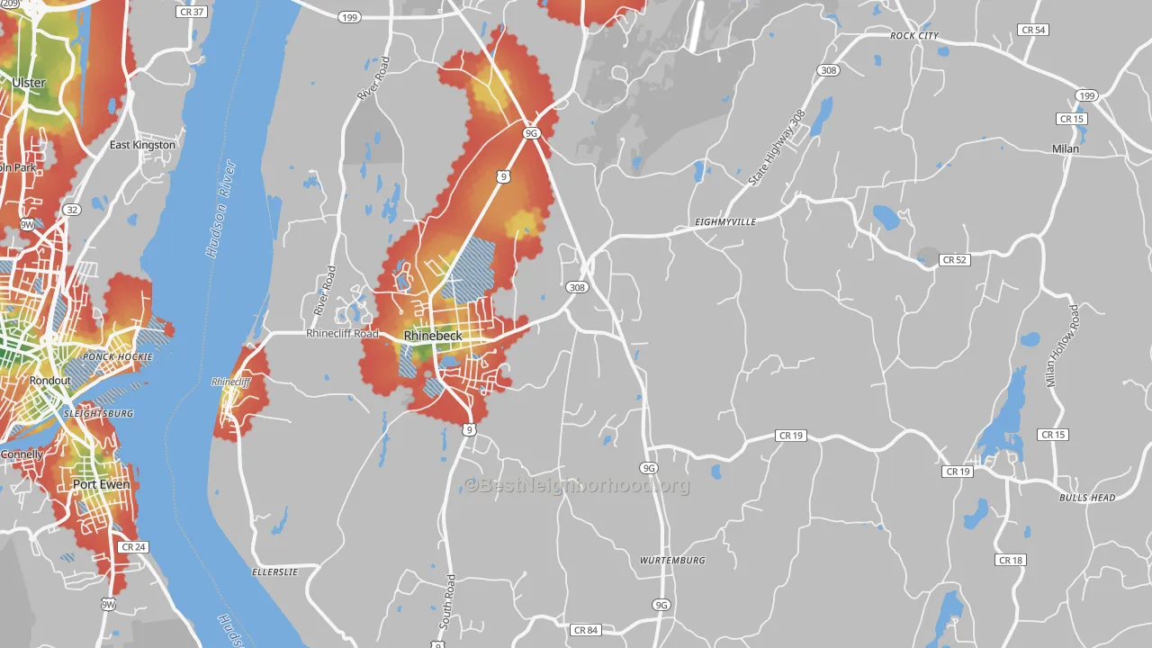 Walk Grade map of 12572, NY, walkable areas in green and car-dependent areas in red
