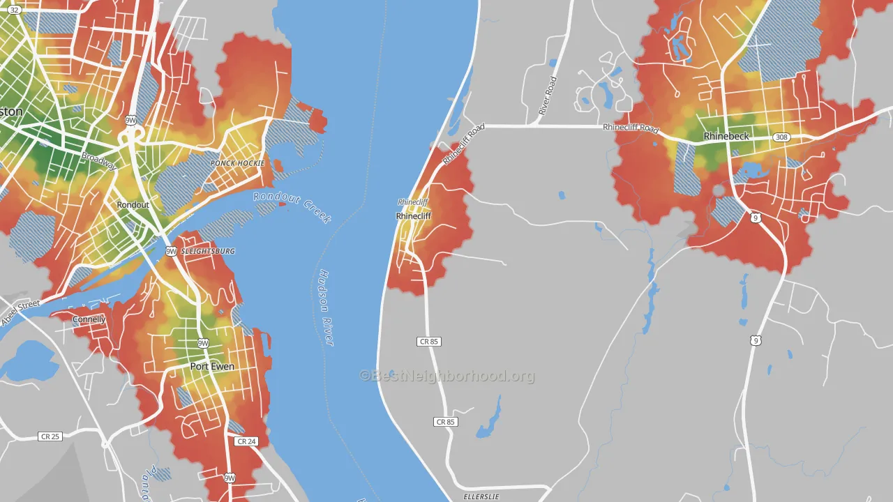 Walk Grade map of 12574, NY, walkable areas in green and car-dependent areas in red