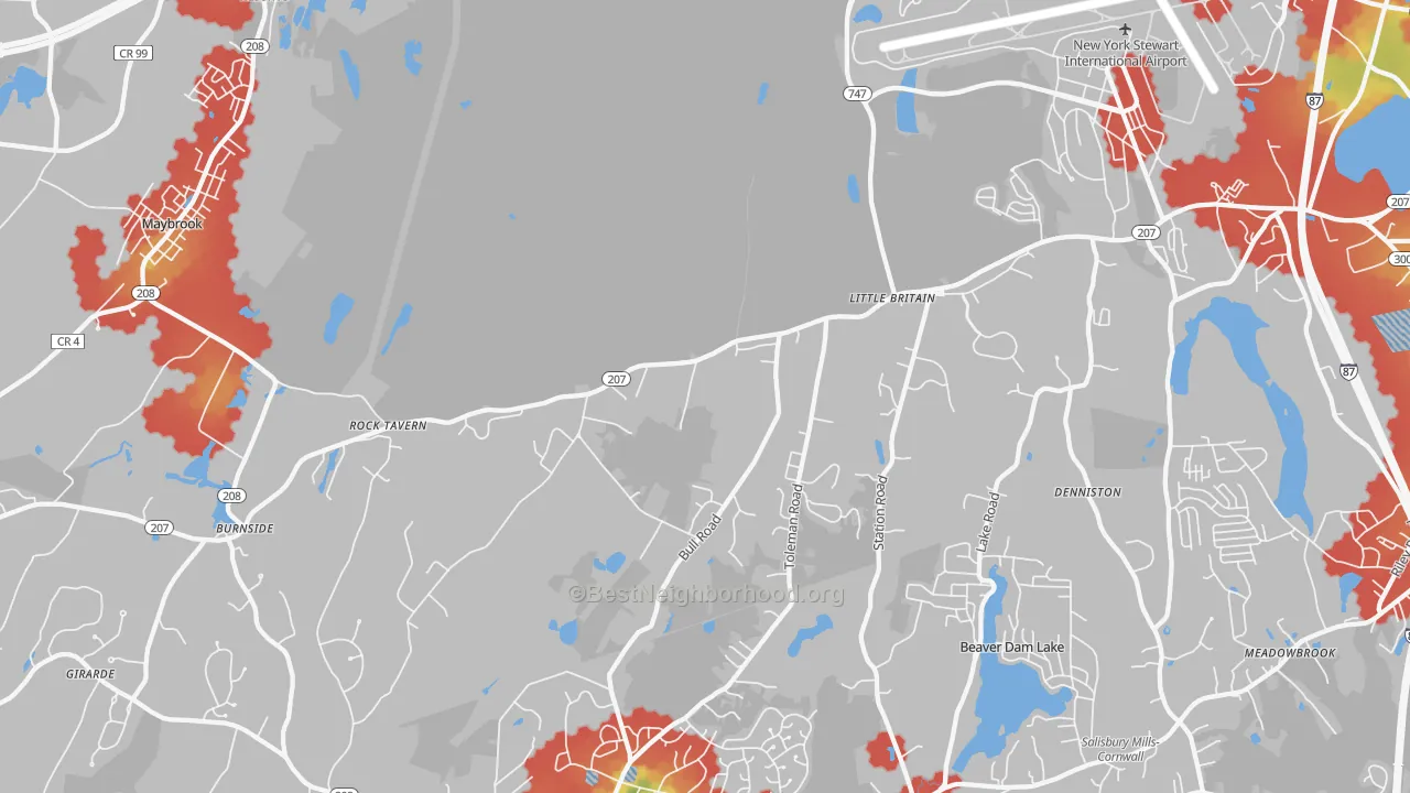Walk Grade map of 12575, NY, walkable areas in green and car-dependent areas in red