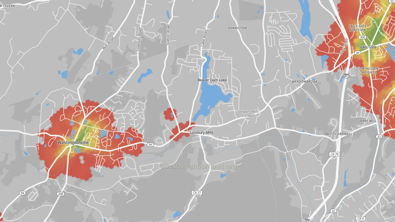 Walk Grade map of 12577, NY, walkable areas in green and car-dependent areas in red