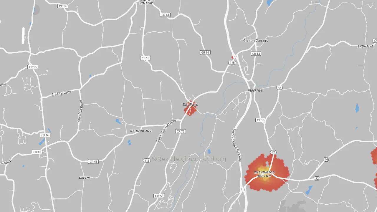 Walk Grade map of 12578, NY, walkable areas in green and car-dependent areas in red
