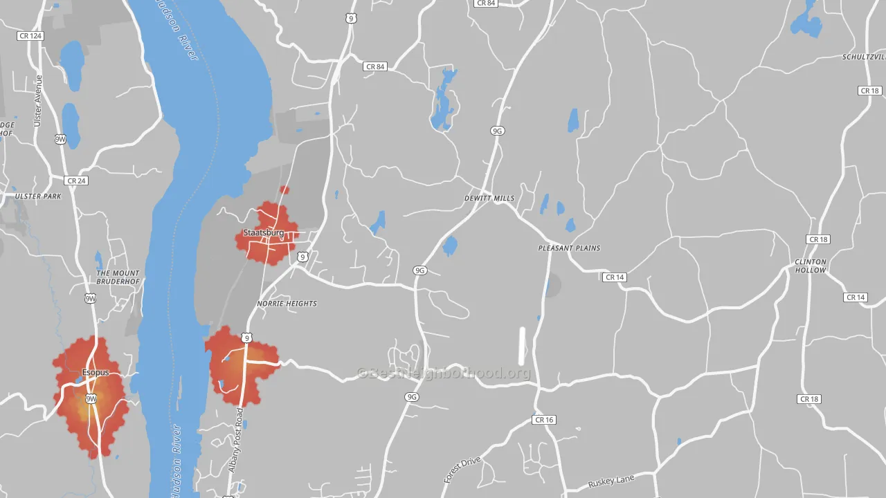 Walk Grade map of 12580, NY, walkable areas in green and car-dependent areas in red