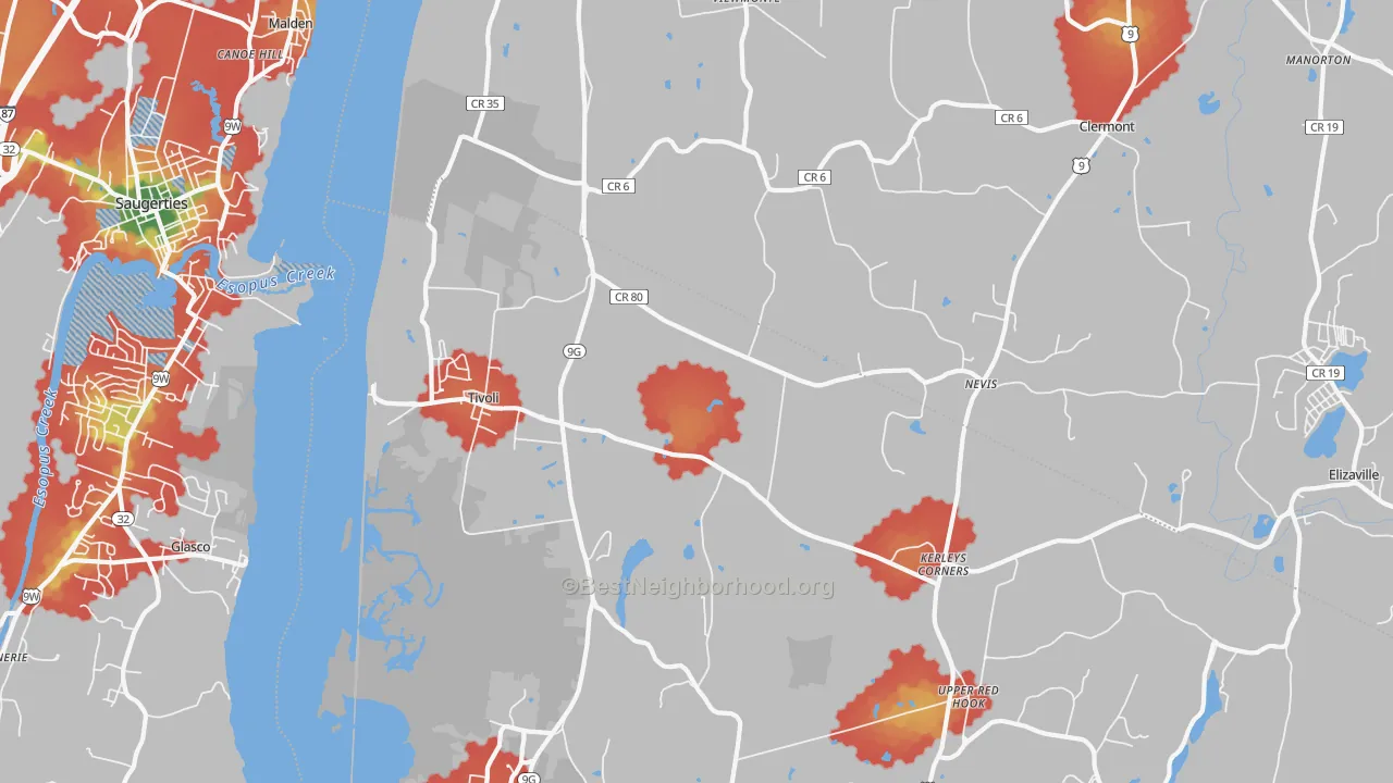 Walk Grade map of 12583, NY, walkable areas in green and car-dependent areas in red