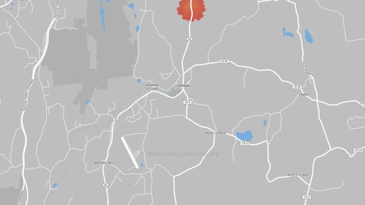 Walk Grade map of 12585, NY, walkable areas in green and car-dependent areas in red