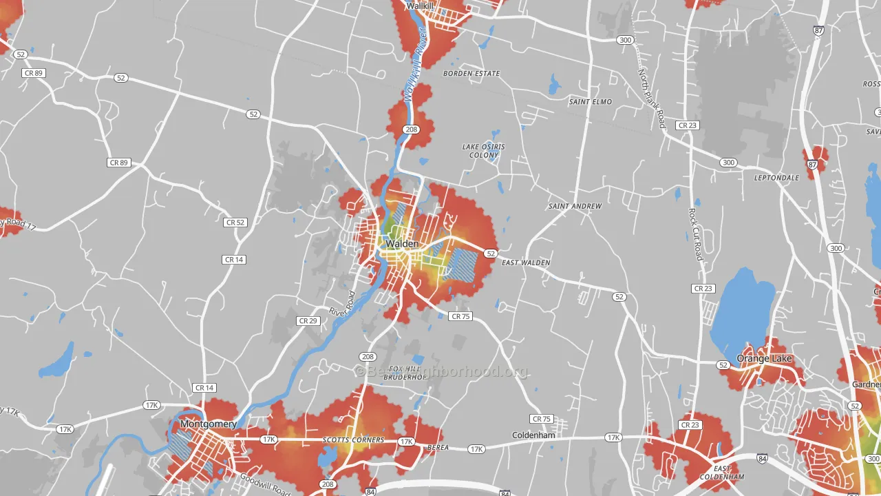 Walk Grade map of 12586, NY, walkable areas in green and car-dependent areas in red