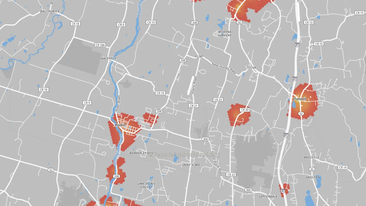 Walk Grade map of 12589, NY, walkable areas in green and car-dependent areas in red