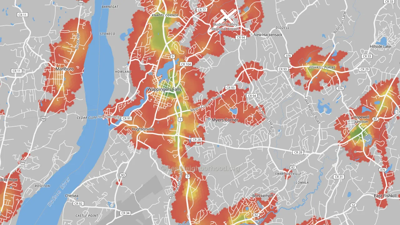 Walk Grade map of 12590, NY, walkable areas in green and car-dependent areas in red