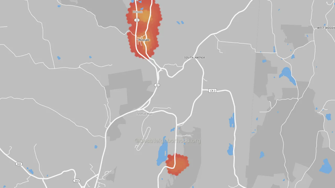 Walk Grade map of 12592, NY, walkable areas in green and car-dependent areas in red