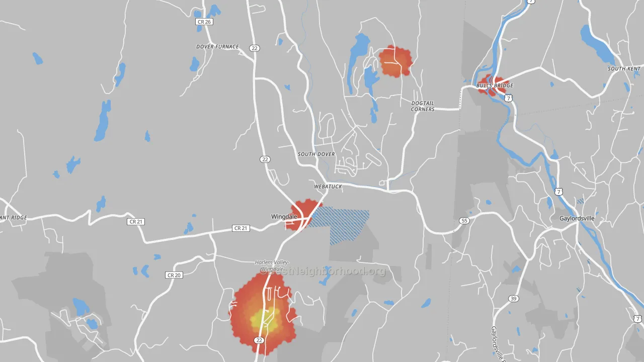 Walk Grade map of 12594, NY, walkable areas in green and car-dependent areas in red