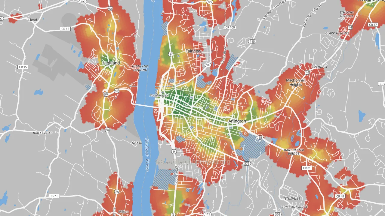 Walk Grade map of 12601, NY, walkable areas in green and car-dependent areas in red