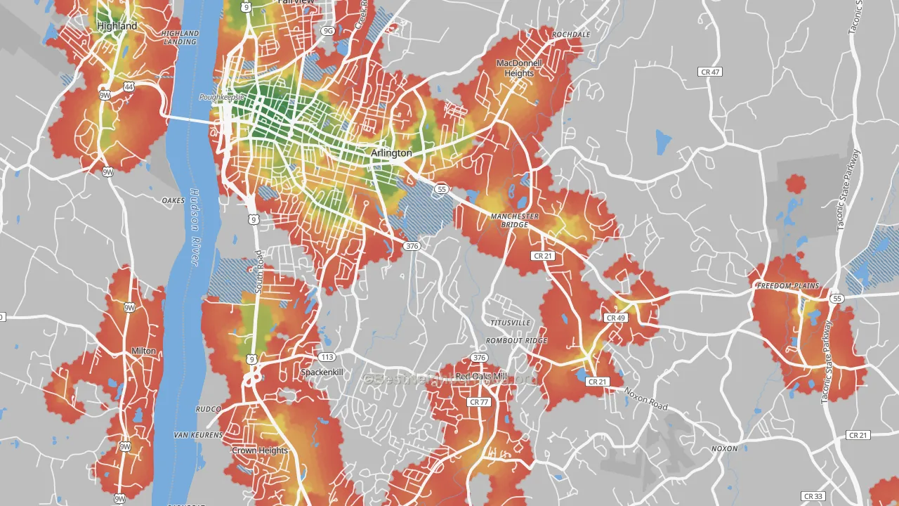 Walk Grade map of 12603, NY, walkable areas in green and car-dependent areas in red