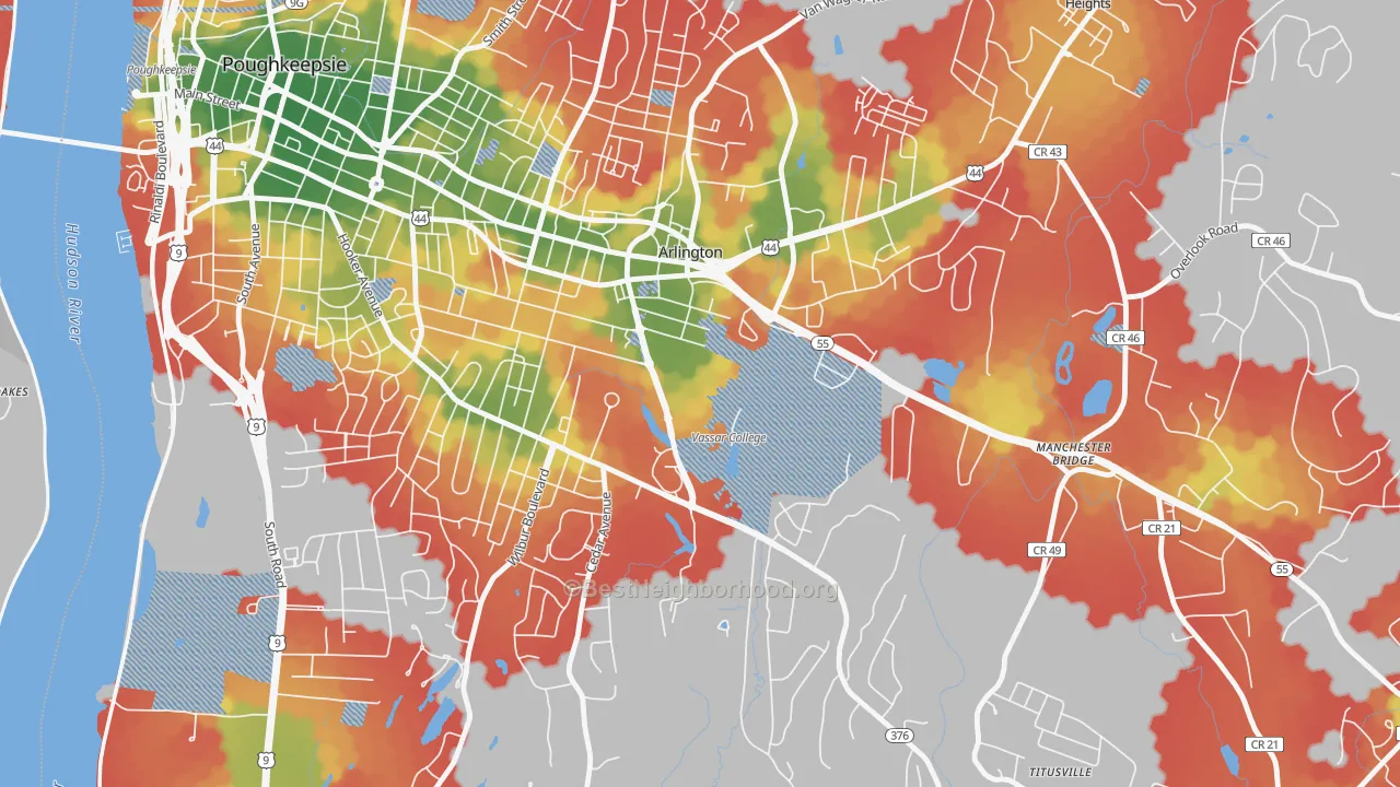Walk Grade map of 12604, NY, walkable areas in green and car-dependent areas in red