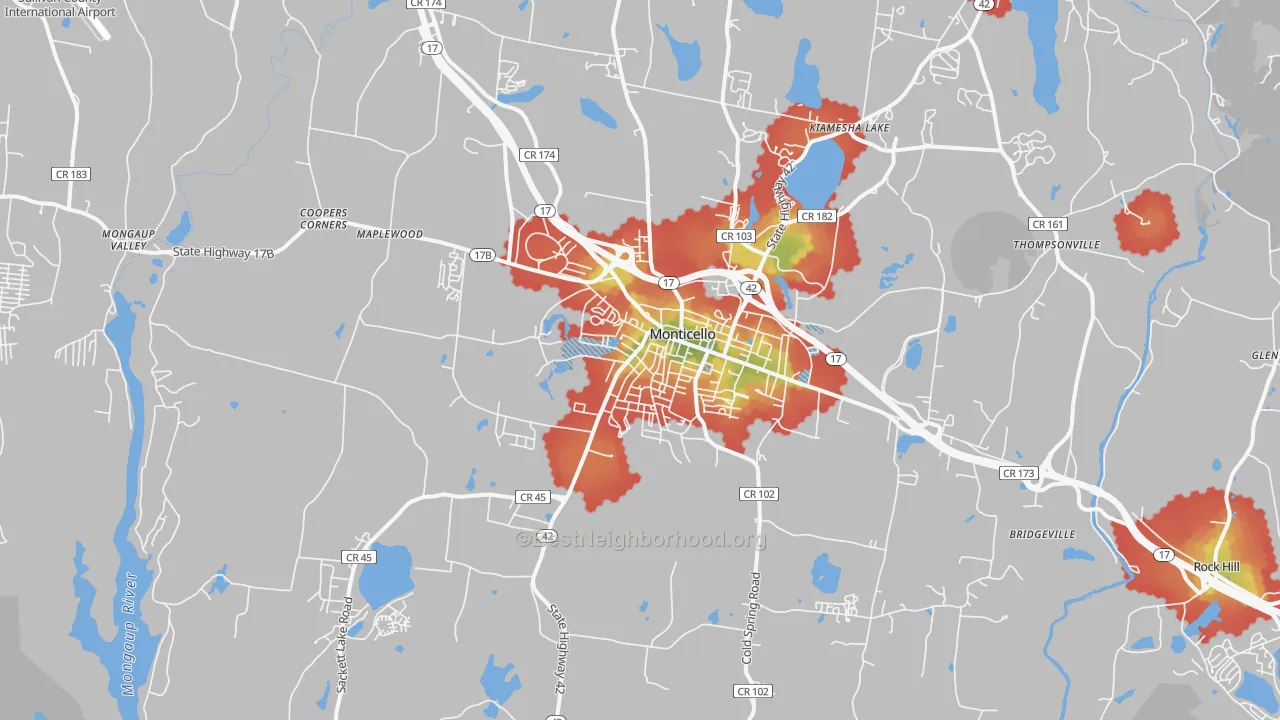 Walk Grade map of 12701, NY, walkable areas in green and car-dependent areas in red