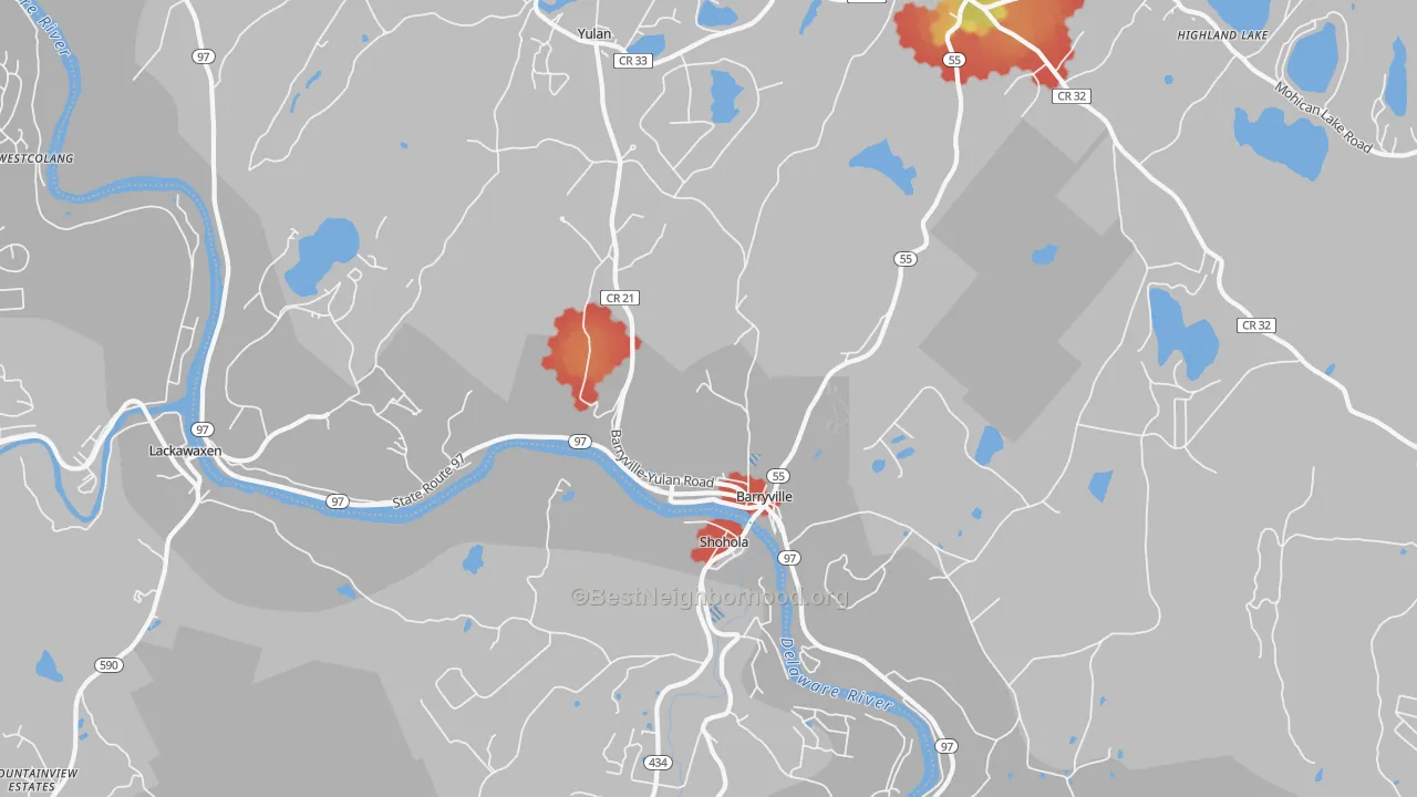 Walk Grade map of 12719, NY, walkable areas in green and car-dependent areas in red