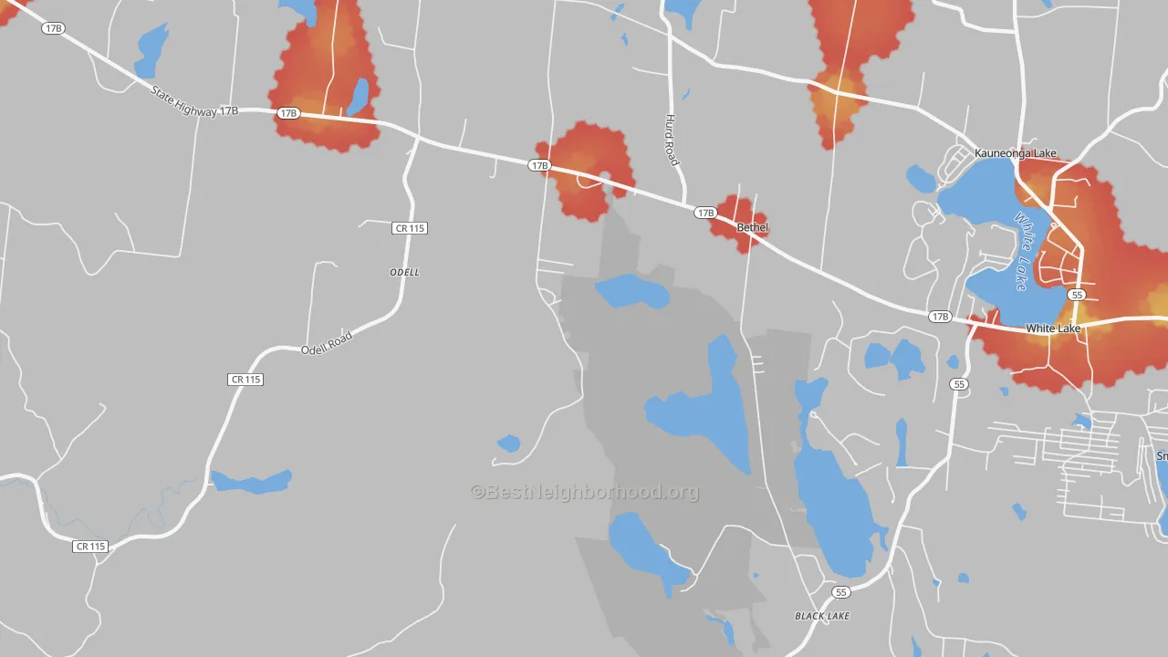 Walk Grade map of 12720, NY, walkable areas in green and car-dependent areas in red