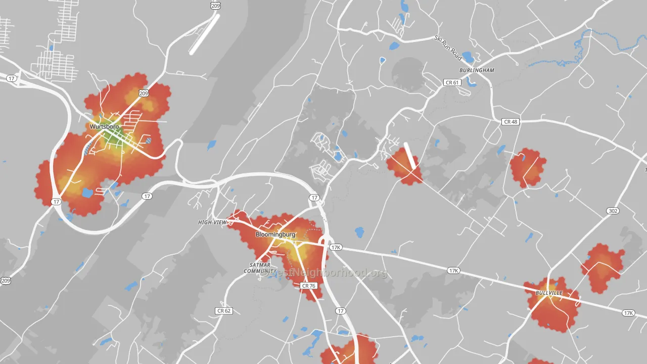 Walk Grade map of 12721, NY, walkable areas in green and car-dependent areas in red