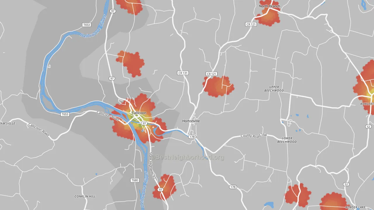 Walk Grade map of 12723, NY, walkable areas in green and car-dependent areas in red