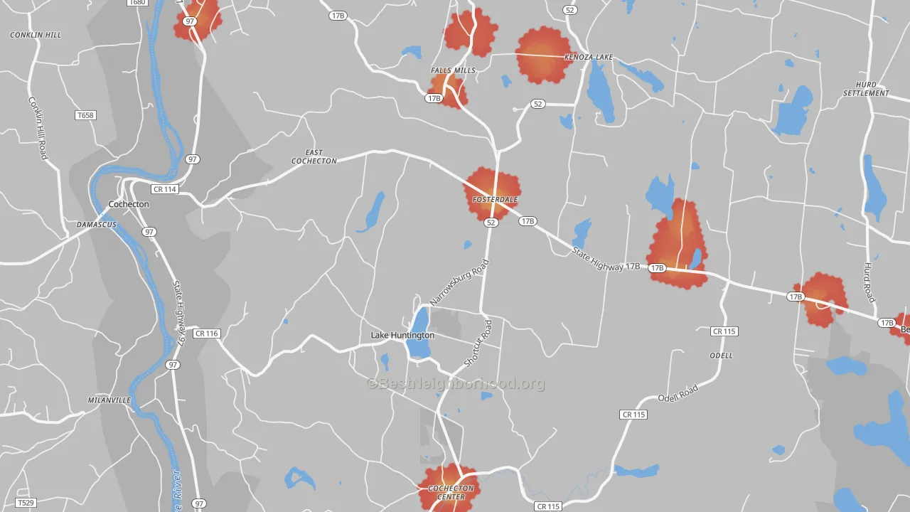 Walk Grade map of 12726, NY, walkable areas in green and car-dependent areas in red