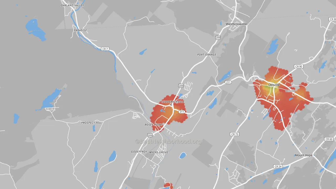 Walk Grade map of 12729, NY, walkable areas in green and car-dependent areas in red