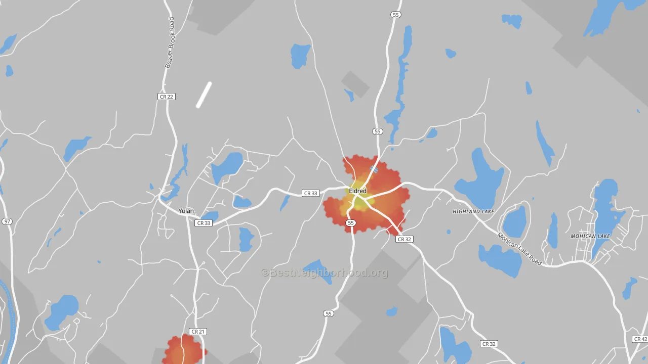 Walk Grade map of 12732, NY, walkable areas in green and car-dependent areas in red