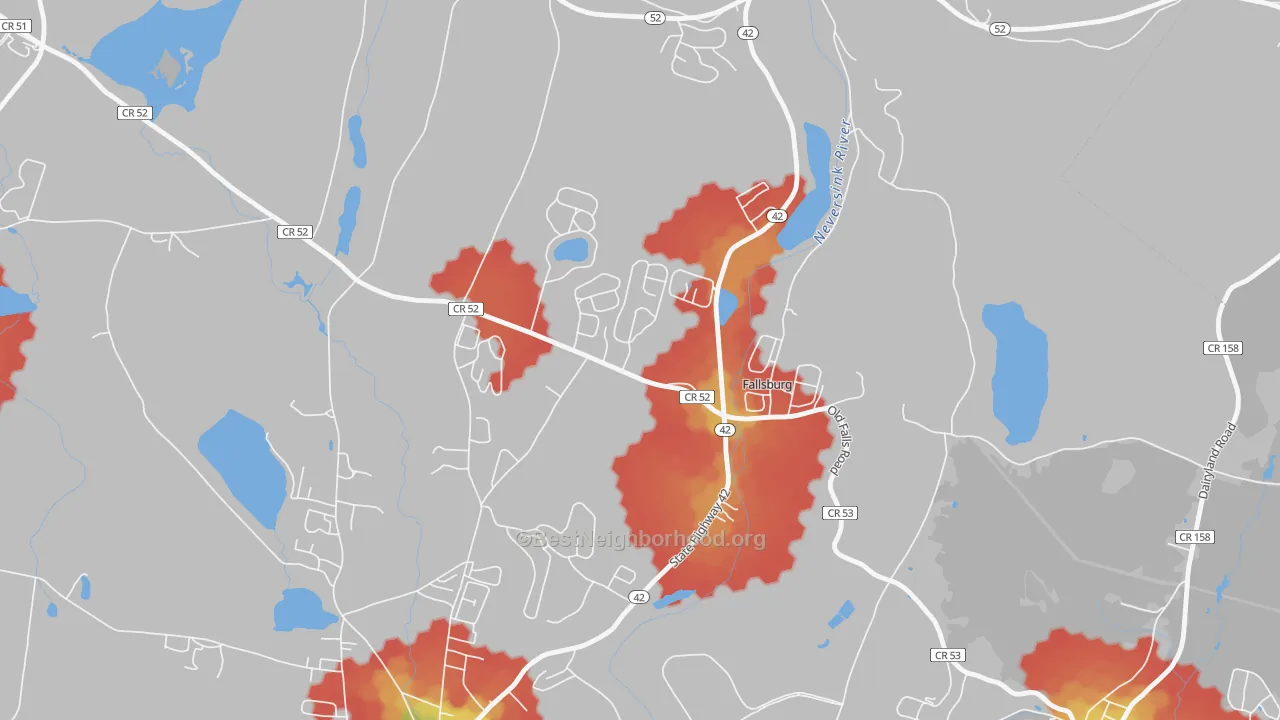 Walk Grade map of 12733, NY, walkable areas in green and car-dependent areas in red